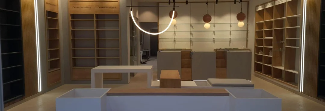 La instalación en obra. Fotografía del proceso de montaje del mobiliario. Trabajo en curso.